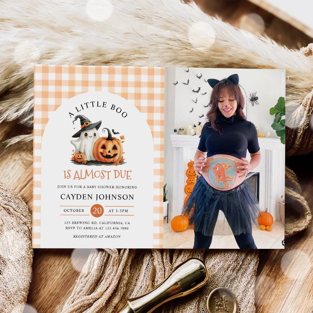 Cute Gingham Halloween Ghost Baby Shower Photo Invitation (Creator Uploaded)