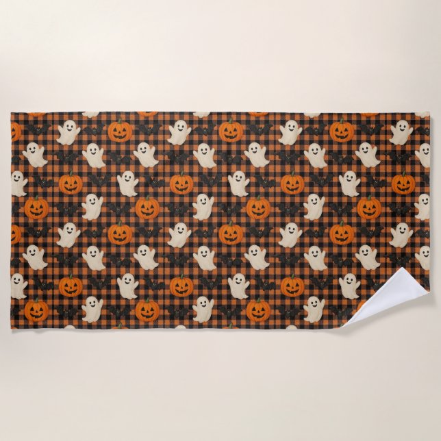 Cute, gingham halloween ghost pumpkin bats  beach towel (Front)