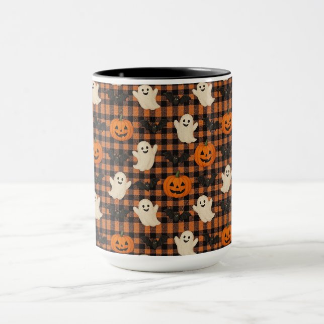 Cute, gingham halloween ghost pumpkin bats  mug (Center)