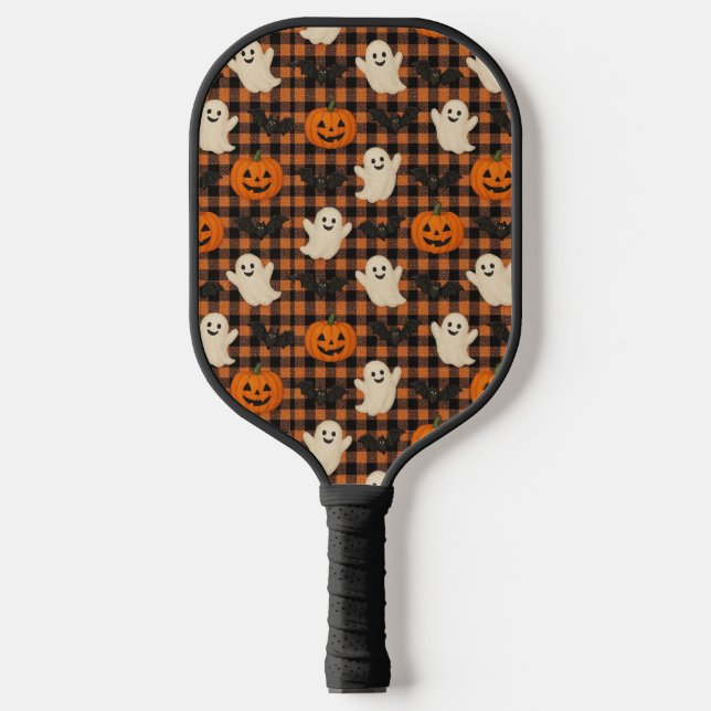 Cute, gingham halloween ghost pumpkin bats  pickleball paddle (Front)