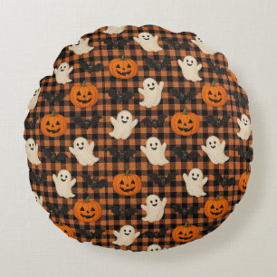 Cute, gingham halloween ghost pumpkin bats round cushion