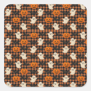 Cute, gingham halloween ghost pumpkin bats  square sticker