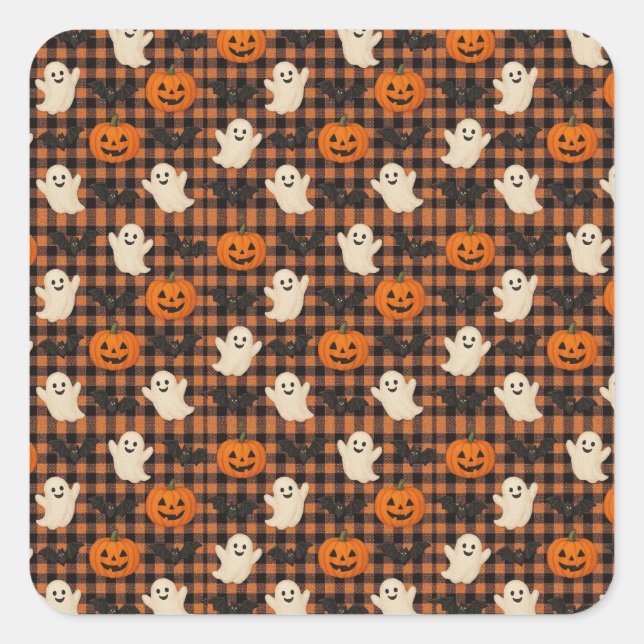 Cute, gingham halloween ghost pumpkin bats  square sticker (Front)
