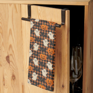 Cute, gingham halloween ghost pumpkin bats tea towel