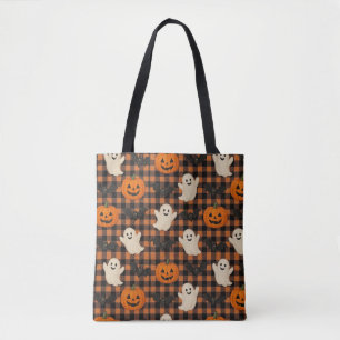 Cute, gingham halloween ghost pumpkin bats tote bag