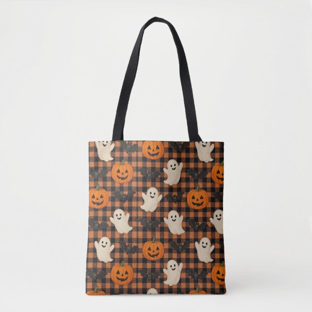 Cute, gingham halloween ghost pumpkin bats  tote bag (Front)