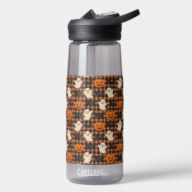 Cute, gingham halloween ghost pumpkin bats  water bottle (Left)