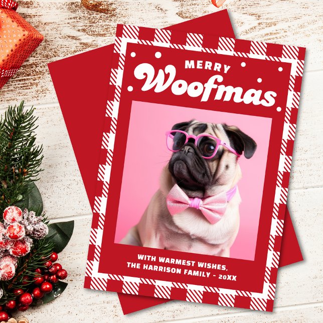 Cute Gingham Pattern Merry Woofmas Holiday Card (Creator Uploaded)
