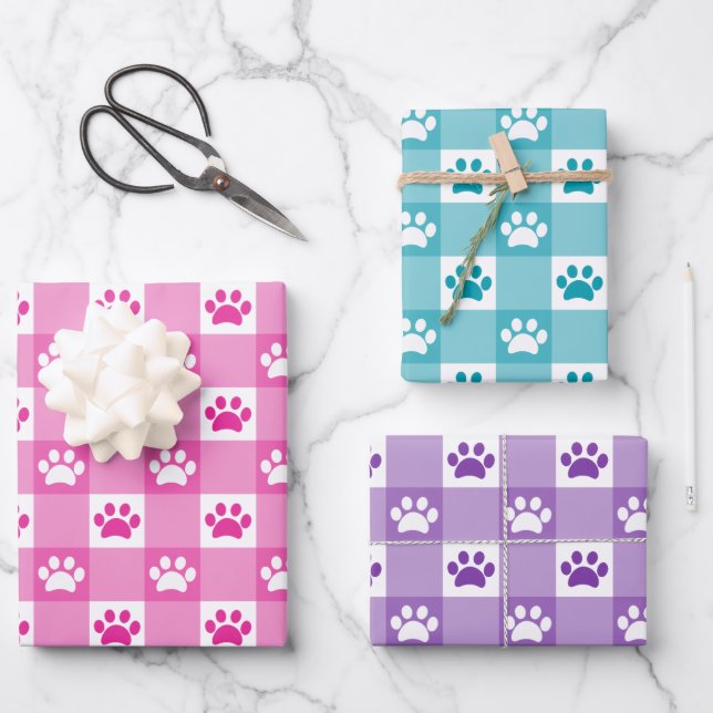 Cute Gingham Paw Print Pattern Pink Teal Purple Wrapping Paper Sheet (Front)