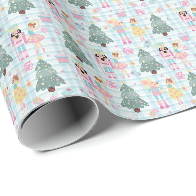 Cute Gingham Pink Christmas Nutcracker Ballerina Wrapping Paper (Roll Corner)