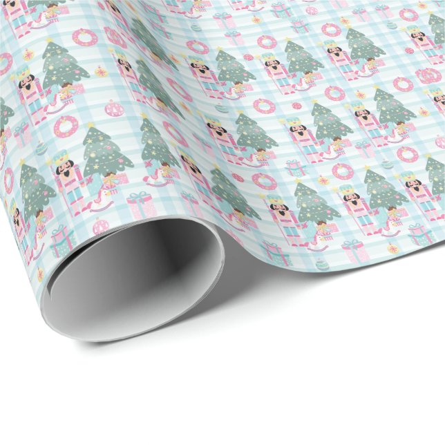 Cute Gingham Pink Christmas Nutcracker Wrapping Paper (Roll Corner)