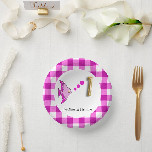 Cute Gingham, Pink Fish & Balloon 1st Birthday Paper Plate (Wedding)