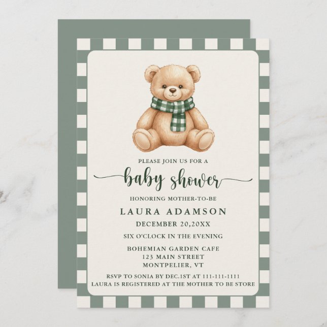 Cute Gingham Plaid Teddy Bear Winter Baby Shower Invitation (Front/Back)