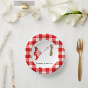 Cute Gingham, Red Fish & Balloon 1st Birthday Paper Plate