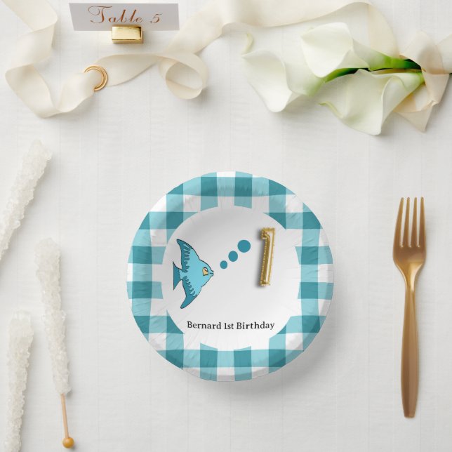 Cute Gingham Teal Blue Fish & Balloon 1st Birthday Paper Plate (Wedding)