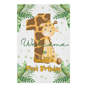 Cute Giraffe 1st Birthday Welcome Poster