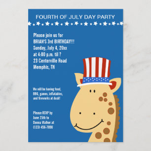 Cute Giraffe 4th Fourth of July Birthday Invite