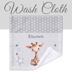 Cute giraffe add name polka dots stars grey wash cloth
