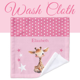 Cute giraffe add name polka dots stars pink wash cloth