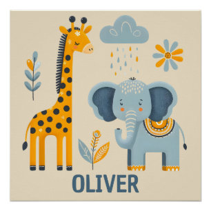 Cute Giraffe and Elephant Safari Friends  Poster