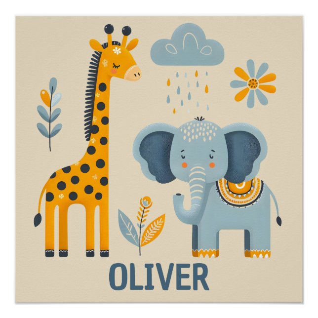Cute Giraffe and Elephant Safari Friends  Poster (Front)