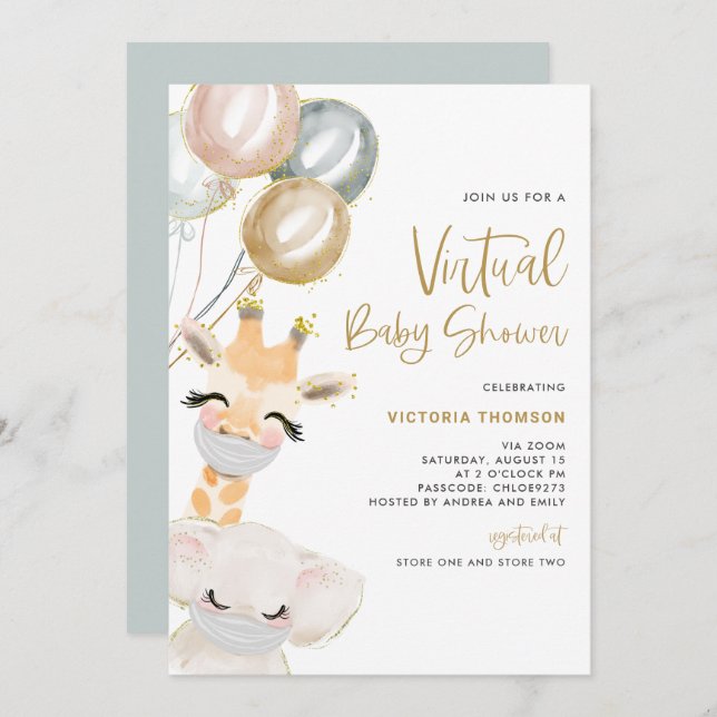 Cute Giraffe and Elephant Virtual Baby Shower Invitation (Front/Back)