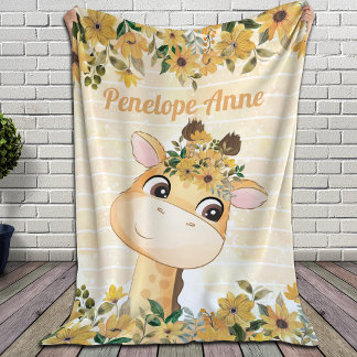 Cute Giraffe and Sunflowers Blanket with Name