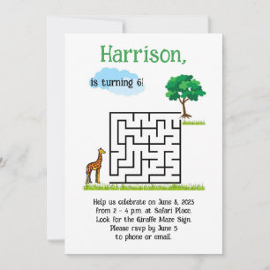 Cute giraffe and tree maze puzzle birthday invites