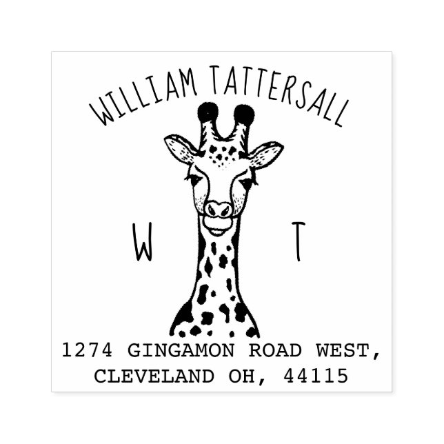 Cute Giraffe Animal Monogram & Name Return Address Rubber Stamp (Imprint)