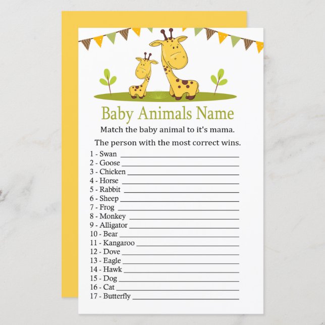 Cute giraffe Baby Animals Name Game (Front/Back)