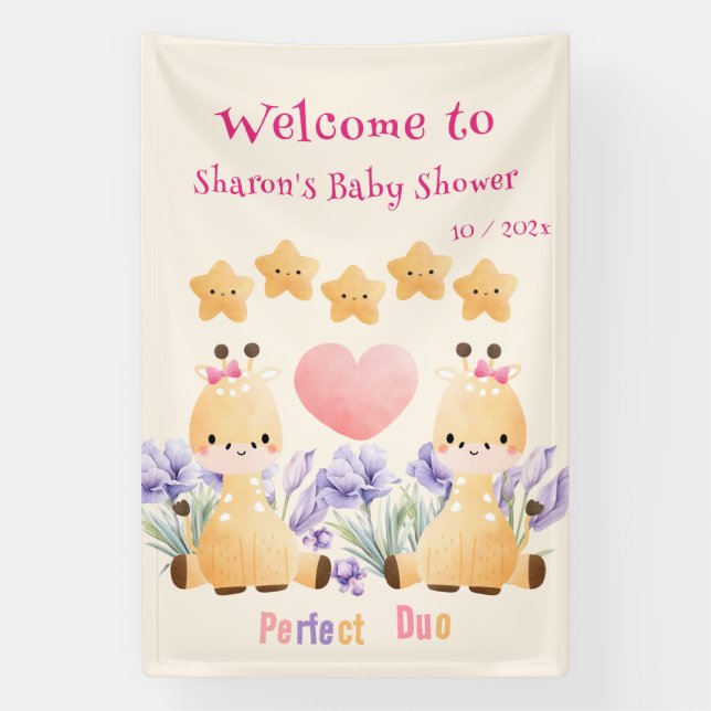Cute Giraffe Baby Shower Banner | Twin Baby Shower (Vertical)