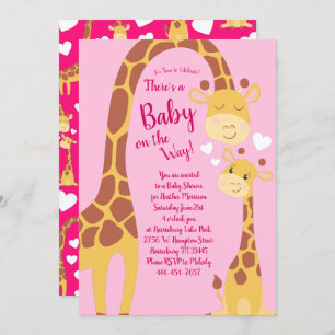 Cute Giraffe Baby Shower Pink Girl Invitation