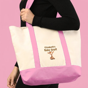 Cute giraffe baby stuff name pink brown tote bag