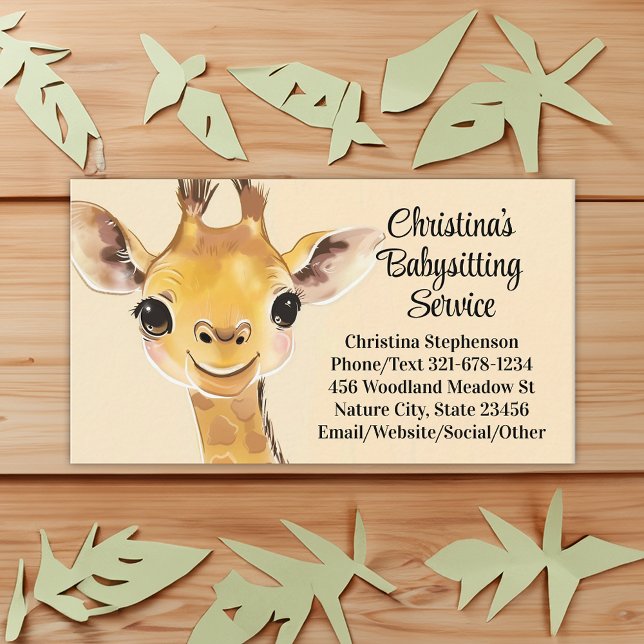 Cute Giraffe Babysitter Nanny Childcare Service Business Card (giraffe babysitting childcare teacher business card)