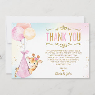 Cute Giraffe Balloons Girl Baby Shower Sprinkle Thank You Card