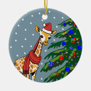 Cute Giraffe Beanie and Scarf with Christmas Tree Ceramic Ornament
