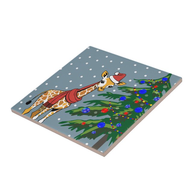 Cute Giraffe Beanie and Scarf with Christmas Tree Ceramic Tile (Side)