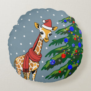 Cute Giraffe Beanie and Scarf with Christmas Tree Round Cushion