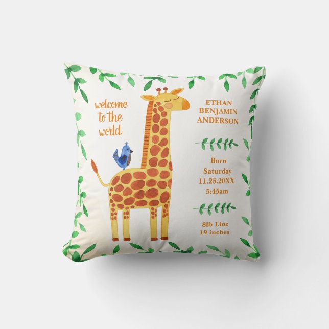 Cute Giraffe & Bird Baby Stats Cushion (Front)