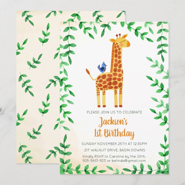 Cute Giraffe & Bird Birthday Invitation (Front/Back)