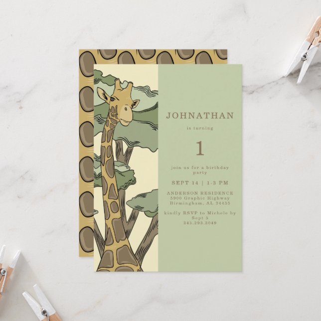 Cute Giraffe Birthday Party Invitation (Front/Back In Situ)