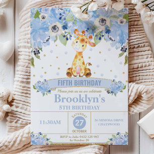 Cute Giraffe Blue Floral Birthday Party  Invitation
