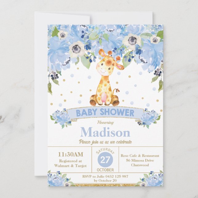 Cute Giraffe Blue Floral Boy Baby Shower  Invitation (Front)