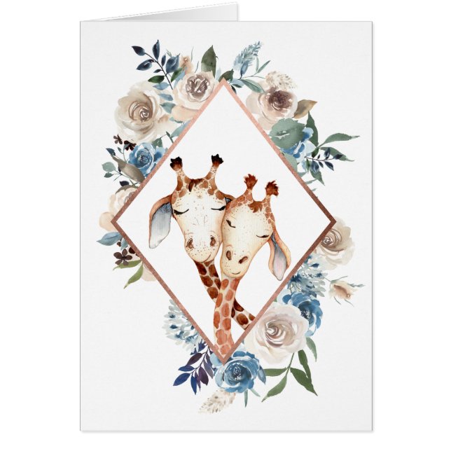 Cute Giraffe Blue Floral Frame Anniversary (Front)