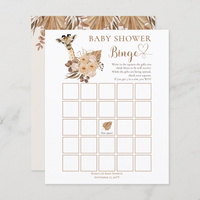 Cute Giraffe Boho Dried Grasses Baby Shower Bingo  (Front/Back)