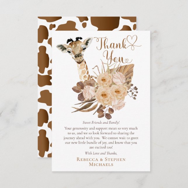 Cute Giraffe Boho Dried Grasses Baby Shower  Thank Thank You Card (Front/Back)