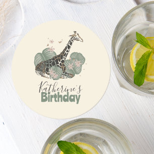 Cute Giraffe Botanical Animal Birthday Party Round Paper Coaster