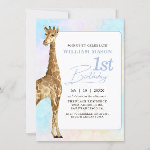 Cute Giraffe Boy 1st Birthday Blue Invitation