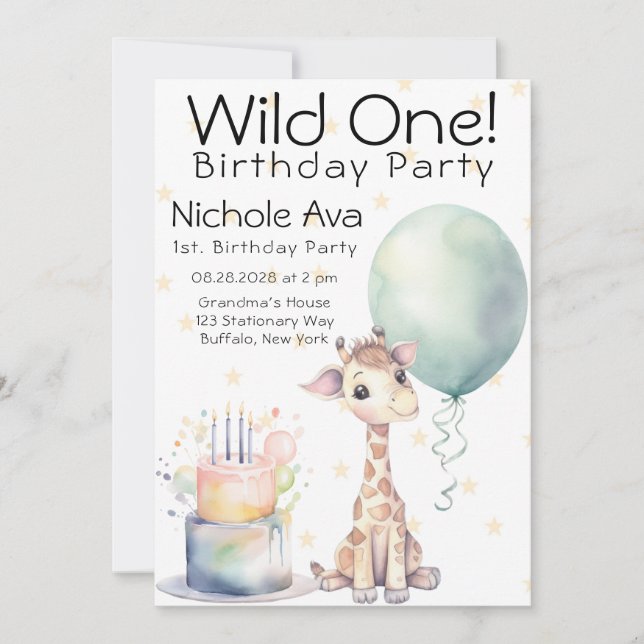 Cute Giraffe Cake Balloon 1st Birthday Wild One Invitation (Front)