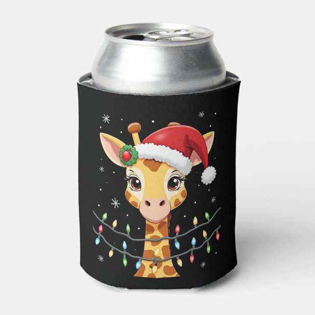 Cute Giraffe Christmas Lights Santa Hat Xmas Pajam Can Cooler (Can Front)